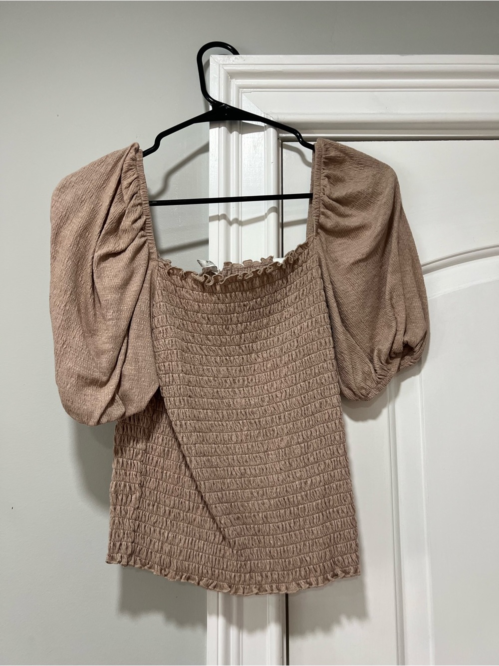 Only Beige Smocked Puff-Sleeve Square Neck Top